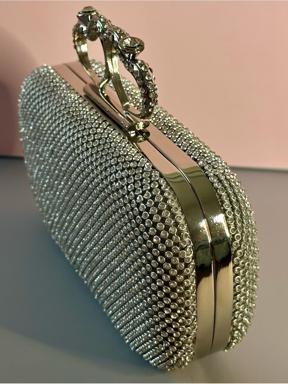 Silver Rhinestone Clutch Heart Clasp Crystal Evening Bag Wedding Prom Formal - Picture 3 of 15